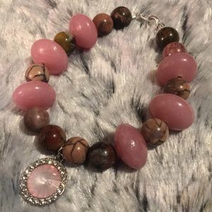 Rhodonite Bracelet w/ Pink Glass Rhinestone Charm